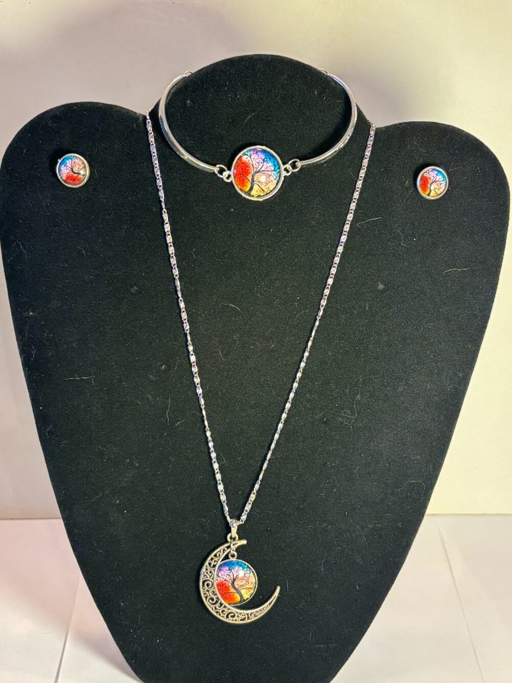 Tree of Life Pendant Silver Moon Necklace w/ Matching Bracelet & Earrings